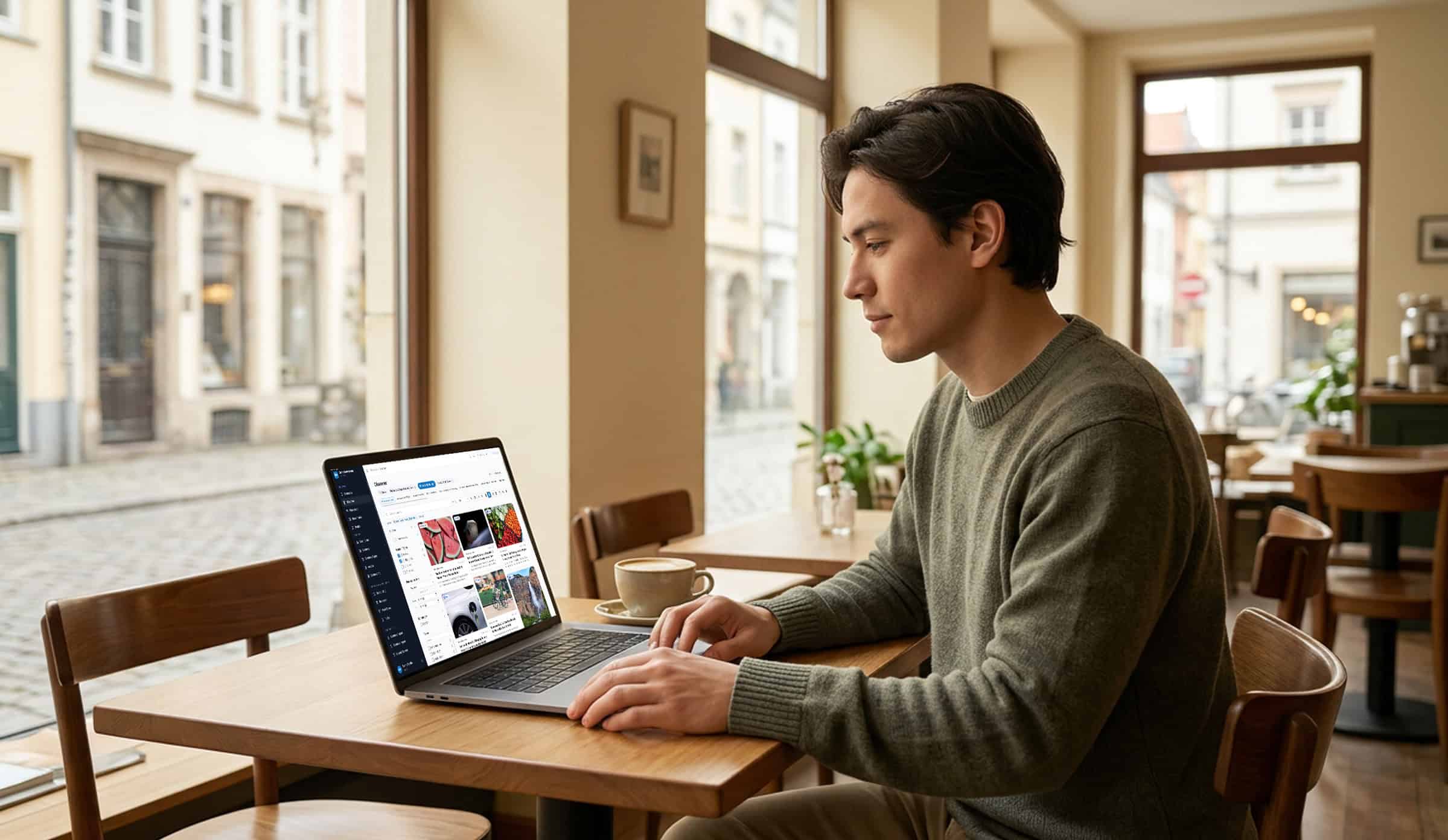 Person using roadbeat on a laptop in a calm European setting